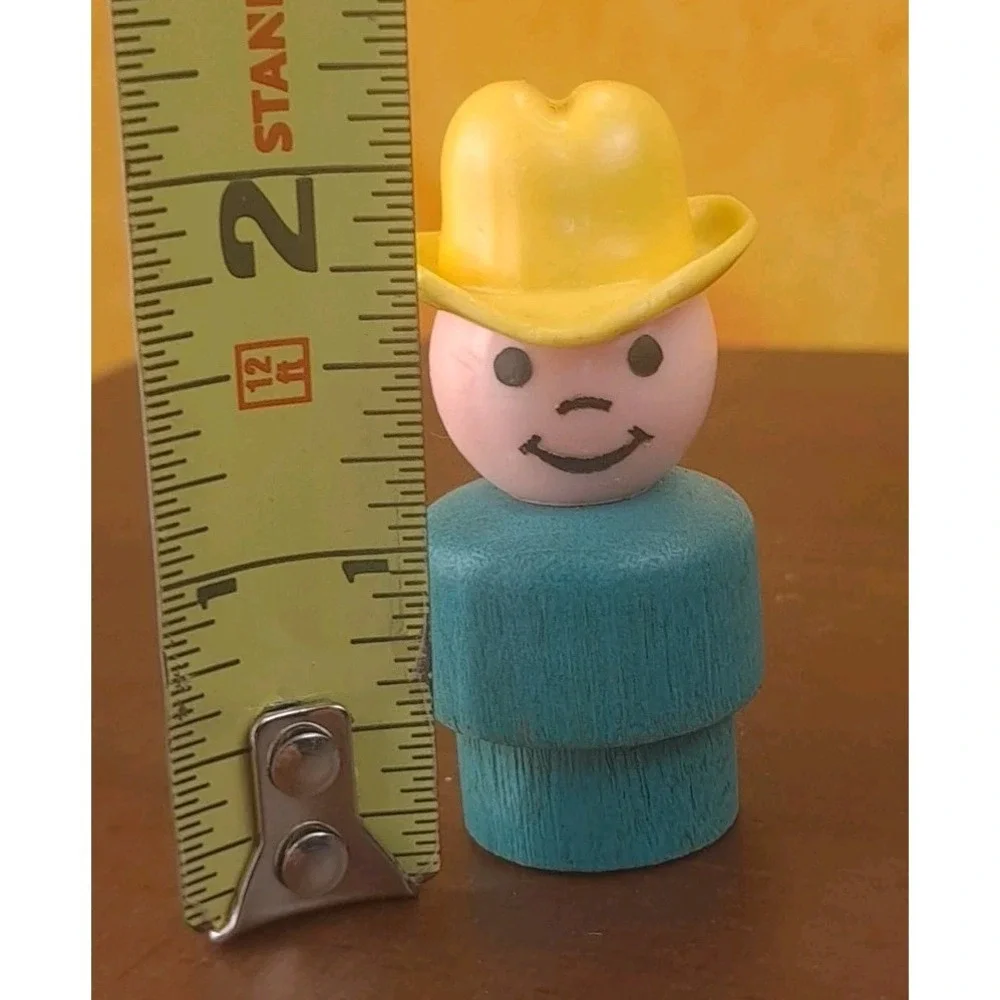 Fisher Price‎ Little People 1972 Farmer Boy  Blue Wood Body Yellow Cowboy Hat